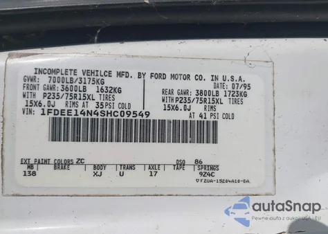 1995 Ford Econoline E150 Van из США, поврежденный, VIN 1FDEE14N4SHC09549